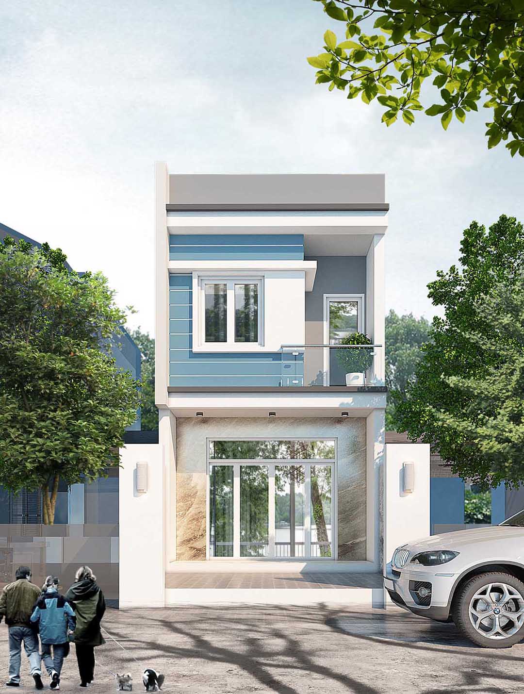 Nhà ống hiện đại với ô tô đậu phía trước, gia đình cùng nhau đi dạo.