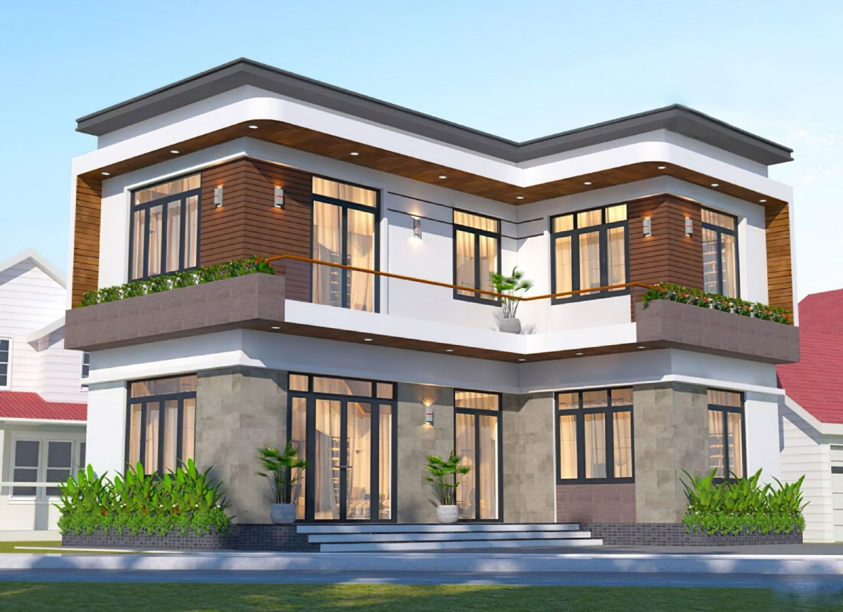Nhà hiện đại hai tầng với thiết kế sang trọng, cửa kính lớn, và ban công cây cảnh.