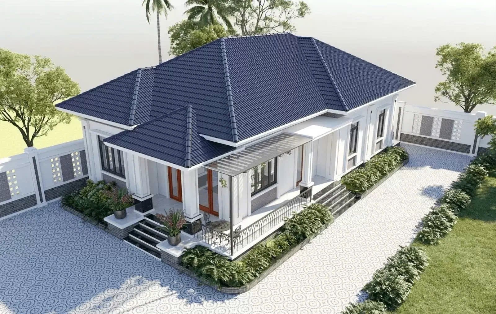 Nhà cấp 4 hiện đại, mái ngói xanh, sân vườn rộng rãi và hàng rào bao quanh, không gian sống thư giãn.