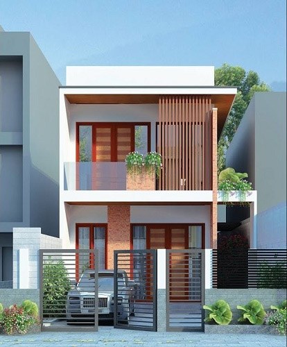 Nhà hai tầng hiện đại với cửa kính lớn và vườn cây xanh, xe hơi đỗ trước cổng, thiết kế kiến trúc tối giản.