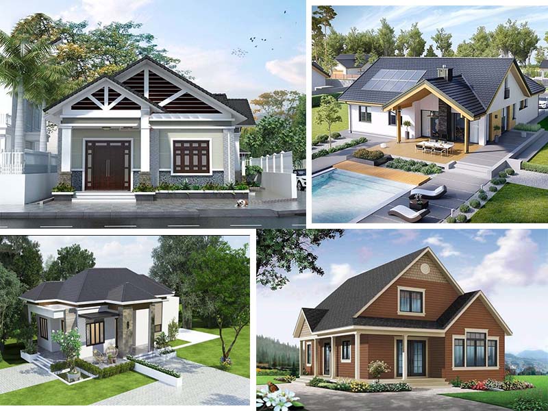 Bốn mẫu nhà cấp 4 hiện đại với thiết kế khác nhau, có sân vườn và nhiều cây xanh xung quanh.