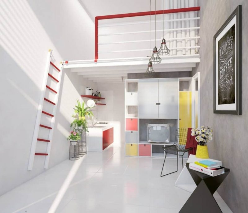 Căn hộ nhỏ gác xép hiện đại, nội thất tối giản với kệ sách màu sắc và đèn trang trí.