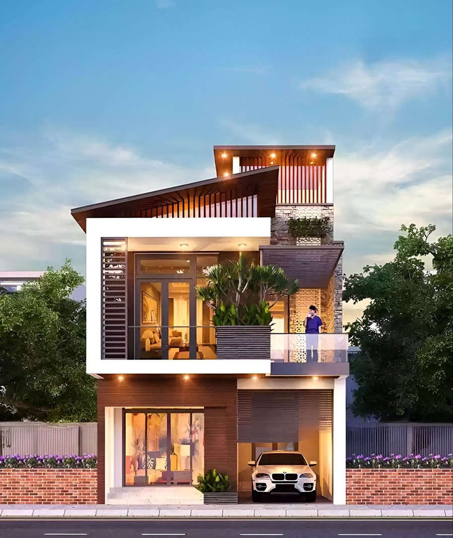 Nhà phố hiện đại với kiến trúc độc đáo, ba tầng và một chiếc xe hơi đậu bên trong gara.