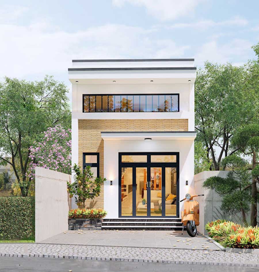 Nhà phố hai tầng hiện đại với cửa kính lớn, sân vườn xanh tươi và xe máy đậu phía trước.