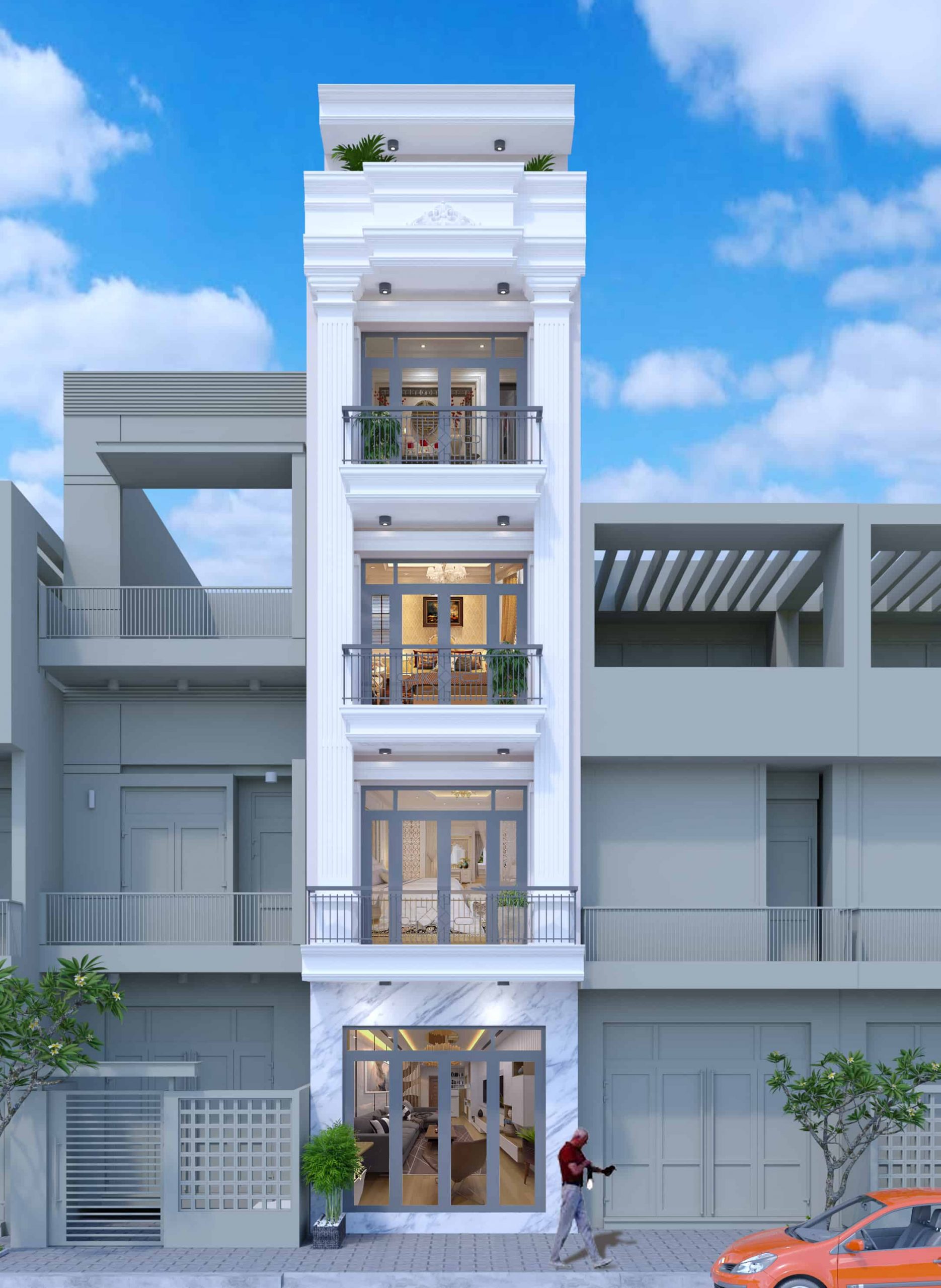 Nhà phố hiện đại 4 tầng, mặt tiền trắng, cửa kính, có cây xanh xung quanh, trời xanh mây trắng.