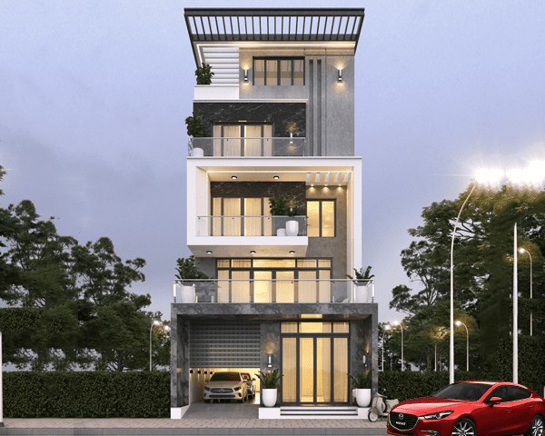 Nhà phố hiện đại bốn tầng với ban công cây xanh, ánh sáng buổi tối nổi bật, xe hơi đỏ đỗ phía trước.