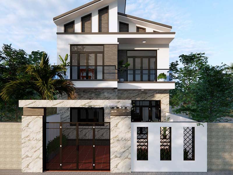 Hai tầng nhà hiện đại với kiến trúc ấn tượng, sân lát gạch đỏ và cây xanh bao quanh.