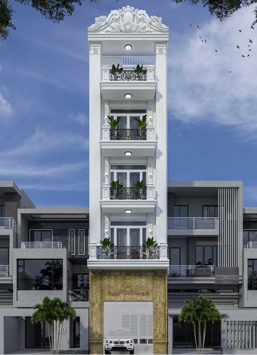 Tòa nhà hiện đại 5 tầng màu trắng với ban công nhỏ, cây xanh trước cửa. Bầu trời xanh và chim bay xung quanh.