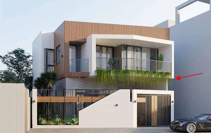 Ngôi nhà hiện đại hai tầng với ban công và cây xanh, thiết kế gỗ nổi bật, phong cách tối giản.