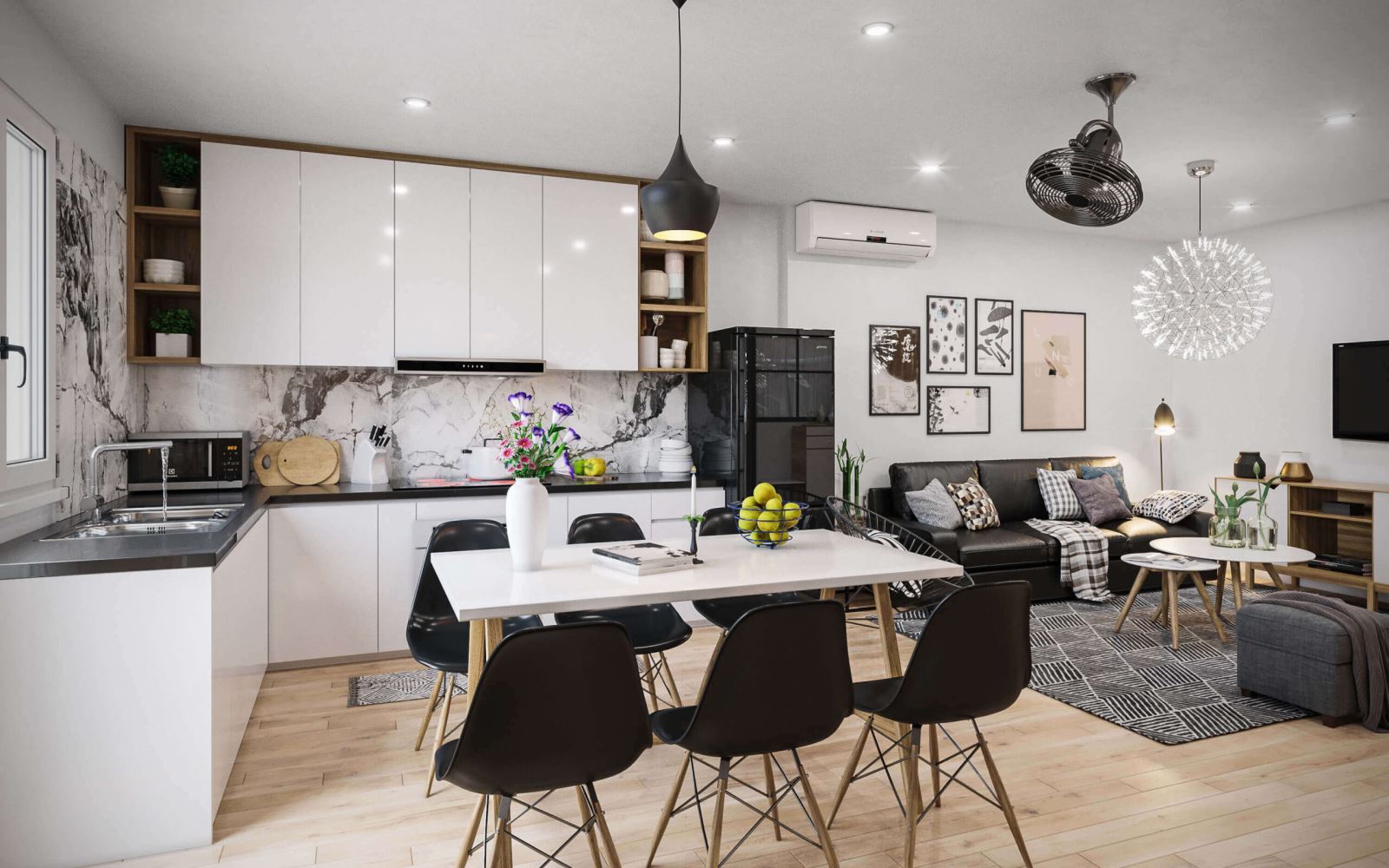 Phòng khách hiện đại với nhà bếp mở, bàn ăn, ghế đen, sofa, trang trí tranh và đèn trang trí độc đáo.