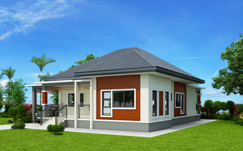 Nhà nhỏ hiện đại cấp 4 với sân vườn xanh, mái ngói xám và cửa sổ lớn, thích hợp cho gia đình ở ngoại ô.