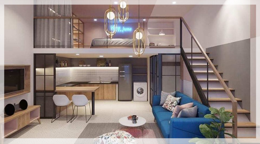 Căn hộ loft hiện đại với thiết kế nội thất tiện nghi, có ghế sofa xanh, bàn ăn và bếp nhỏ gọn, ánh sáng hài hòa.