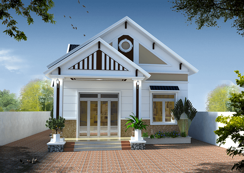 Nhà cấp 4 hiện đại với mái ngói, sân trước lát gạch và cây cảnh, bầu trời trong xanh.