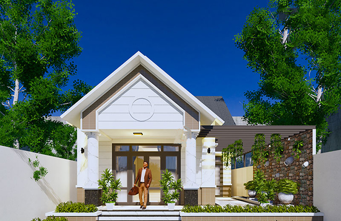Ngôi nhà hiện đại với thảm cỏ xanh và người đàn ông đứng trước cửa, trời xanh.