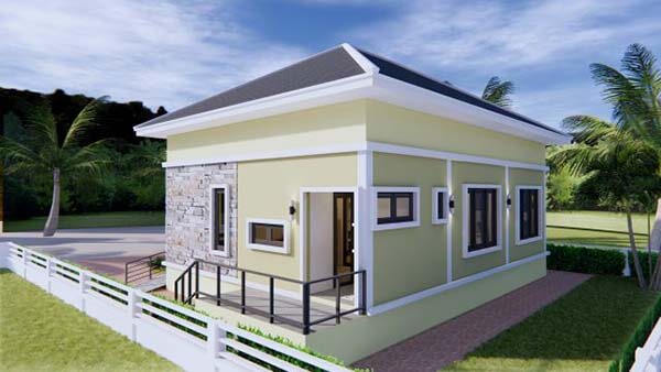 Nhà cấp 4 màu vàng nhạt với cửa kính, mái ngói, sân vườn xanh mát và hàng rào trắng, trời xanh có mây.