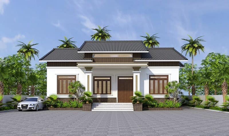 Ngôi nhà mái thái hiện đại, sân rộng, cây cọ xung quanh, có xe hơi đỗ, bầu trời trong xanh.