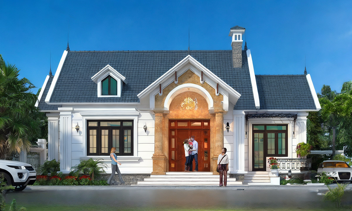 Nhà vườn mái Thái hiện đại màu trắng, người đứng trước cửa, cây xanh xung quanh, xe ô tô bên phải.