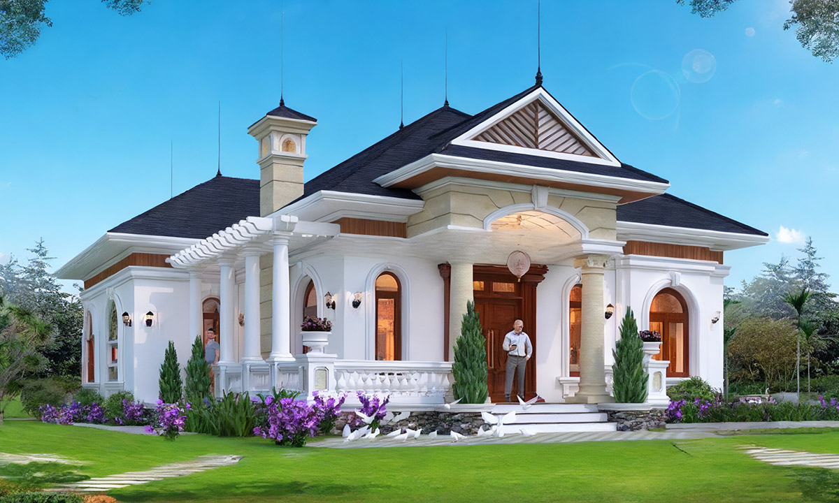 Biệt thự phong cách châu Âu hiện đại, vườn cây xanh tươi, trời xanh trong nền.