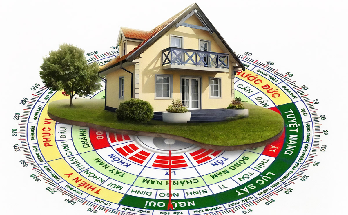 Ngôi nhà với sơ đồ phong thủy chi tiết, biểu thị hướng, màu sắc và thông tin phong thủy xung quanh.