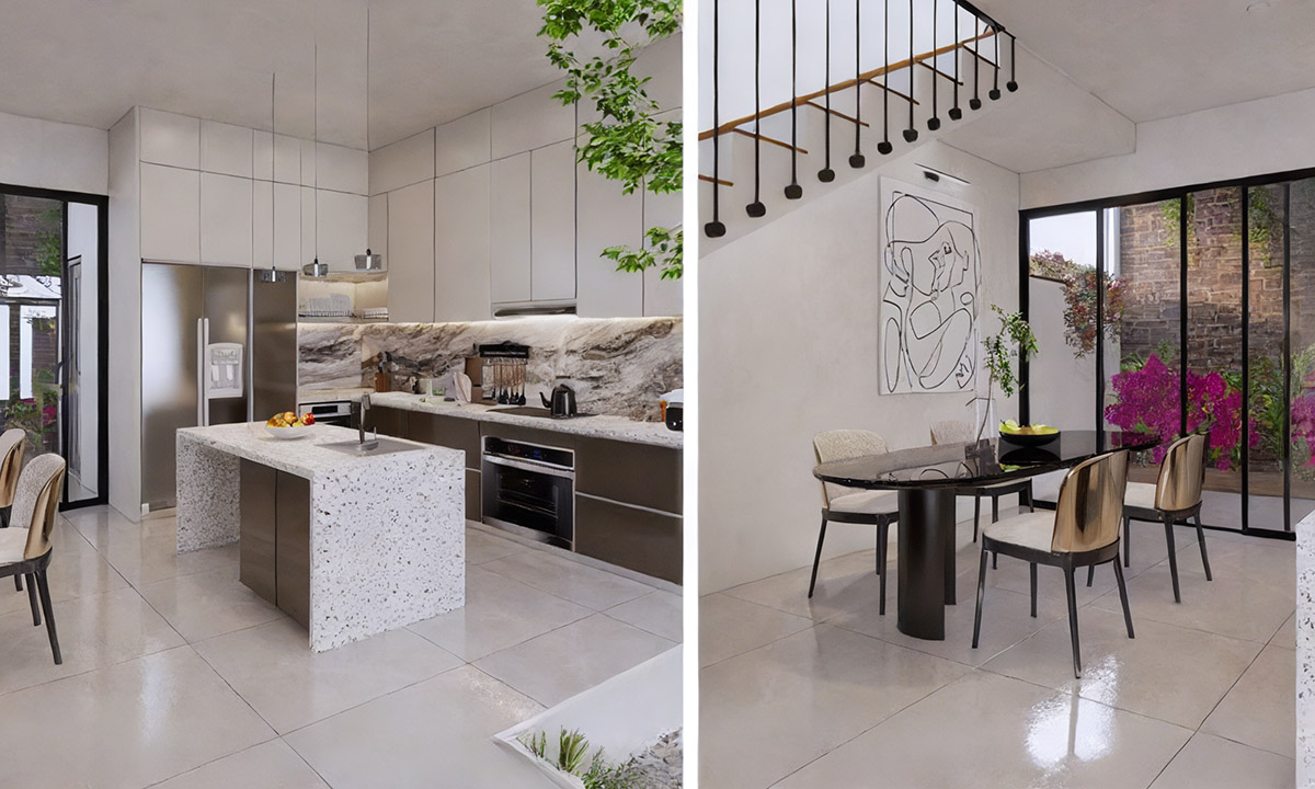 Nhà bếp và phòng ăn hiện đại với thiết kế tối giản, cửa kính lớn và cây xanh trang trí.