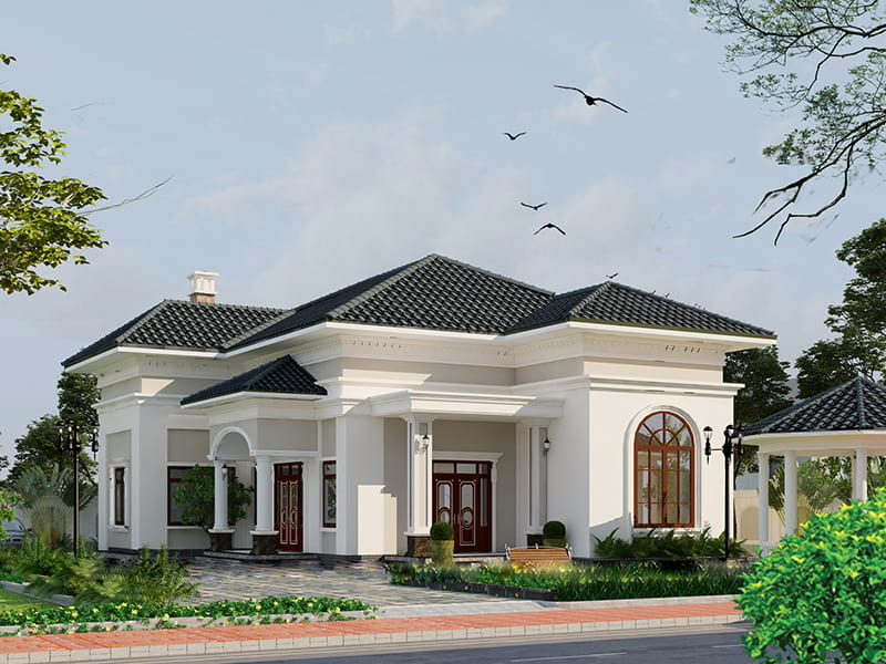 Nhà một tầng với mái ngói đen, sân vườn xanh mát, thiết kế hiện đại, trời xanh và chim bay lượn.
