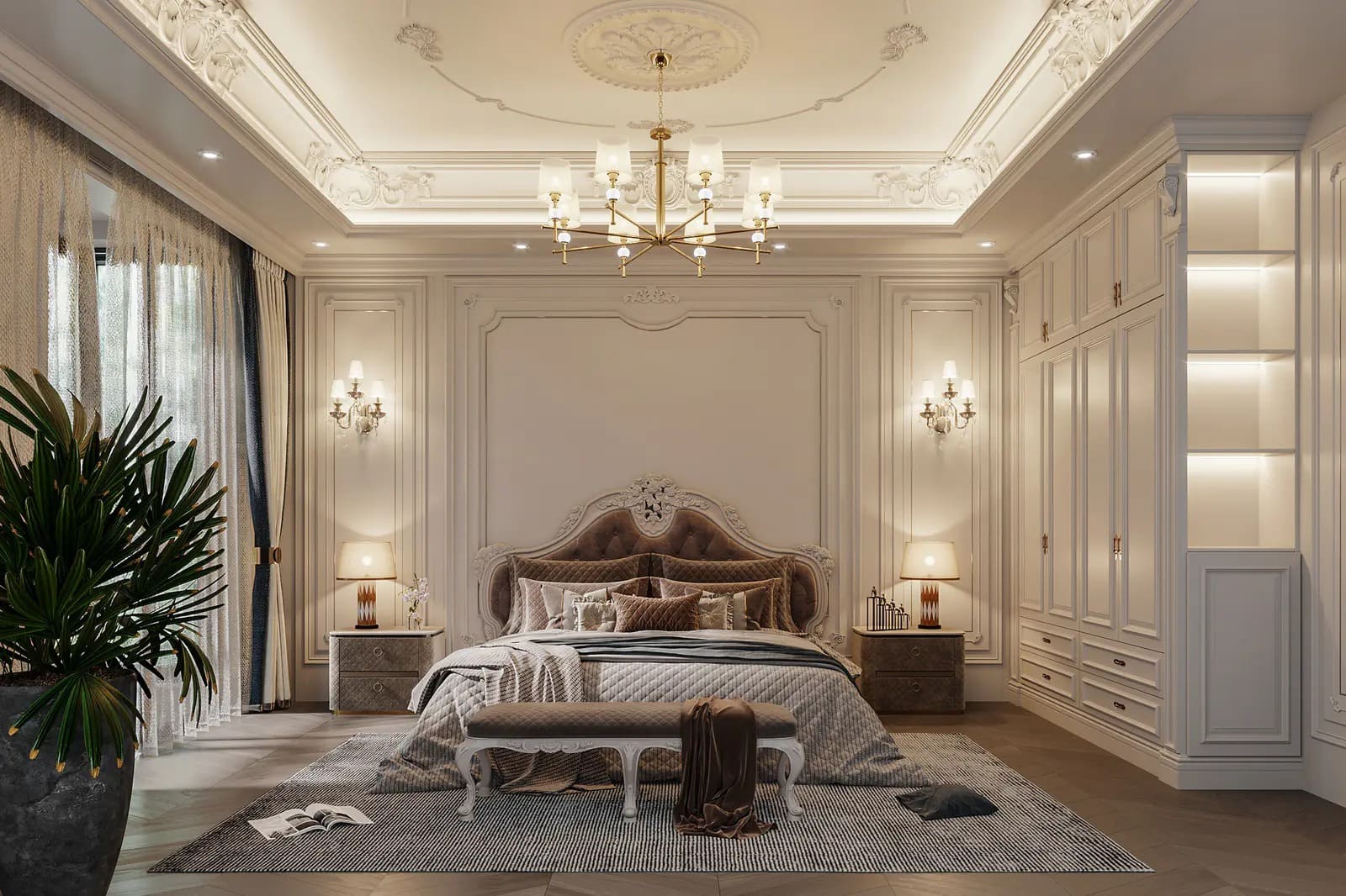 Phòng ngủ sang trọng, trang trí cổ điển với giường lớn, đèn chùm và nội thất tinh tế.