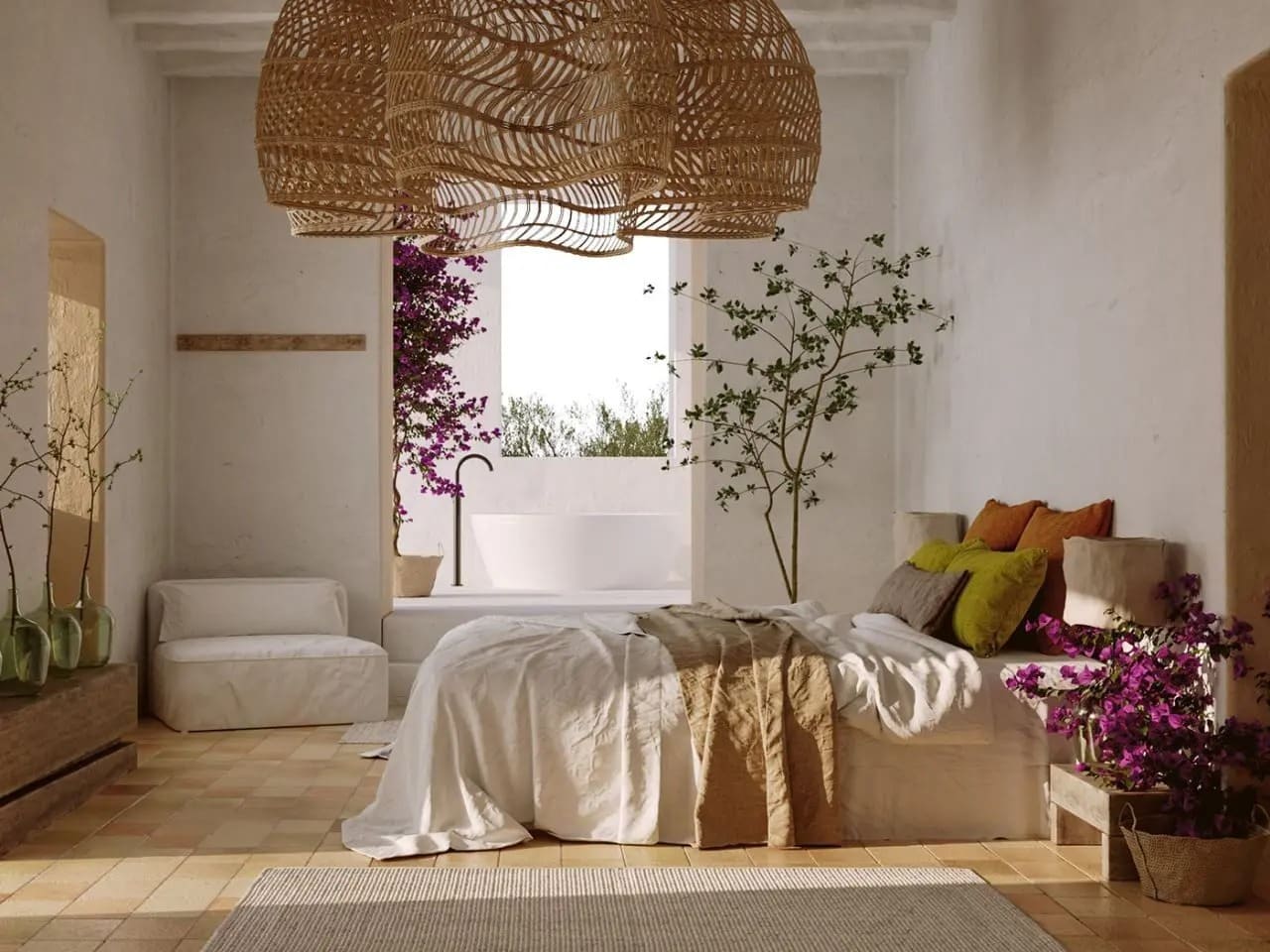 Phòng ngủ phong cách boho với chăn ấm, cây xanh, đèn treo rơm và cửa sổ lớn tràn ngập ánh sáng tự nhiên.