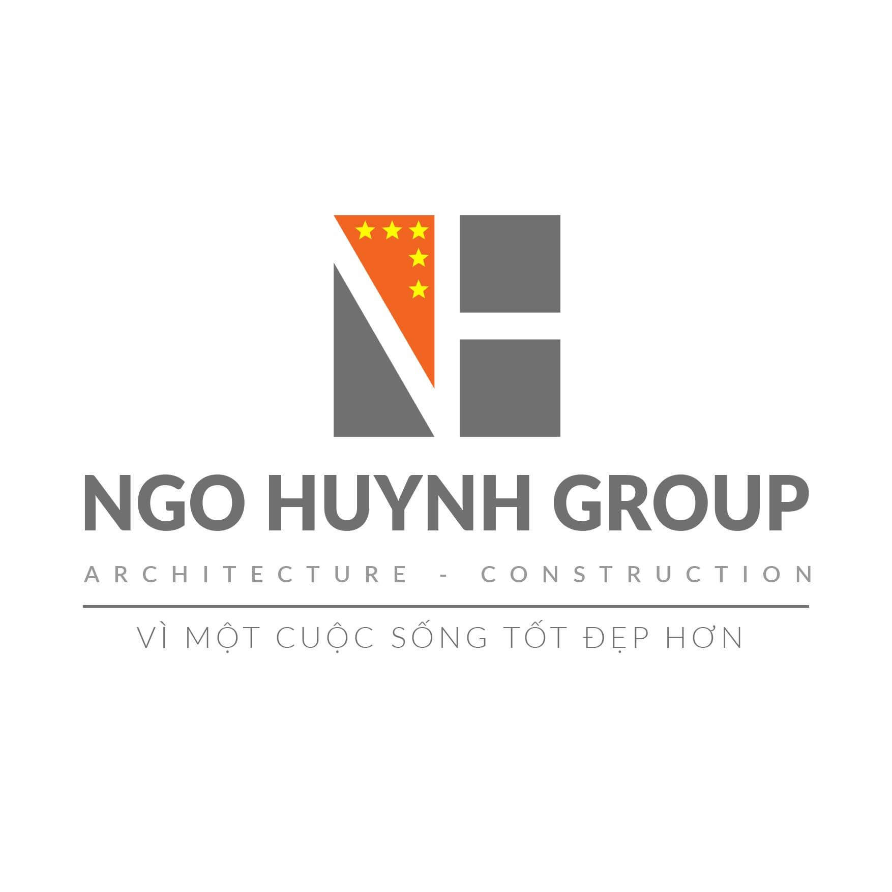 Logo của Ngo Huynh Group với thông điệp Vì một cuộc sống tốt đẹp hơn dưới biểu tượng màu cam và xám.