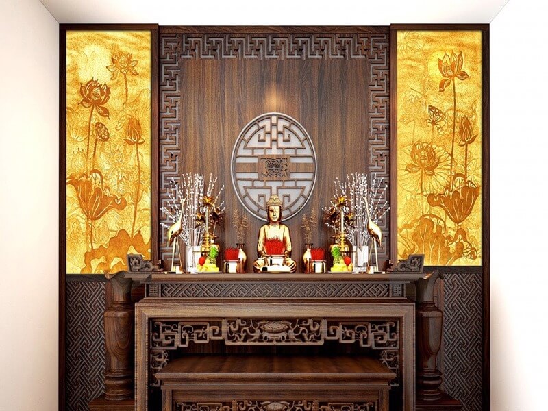 0h6u7pezmq3ibalc8y92 Bàn thờ gia tiên bằng gỗ, tượng Phật và hoa sen vàng, trang trí tinh tế, mang nét truyền thống Việt Nam.