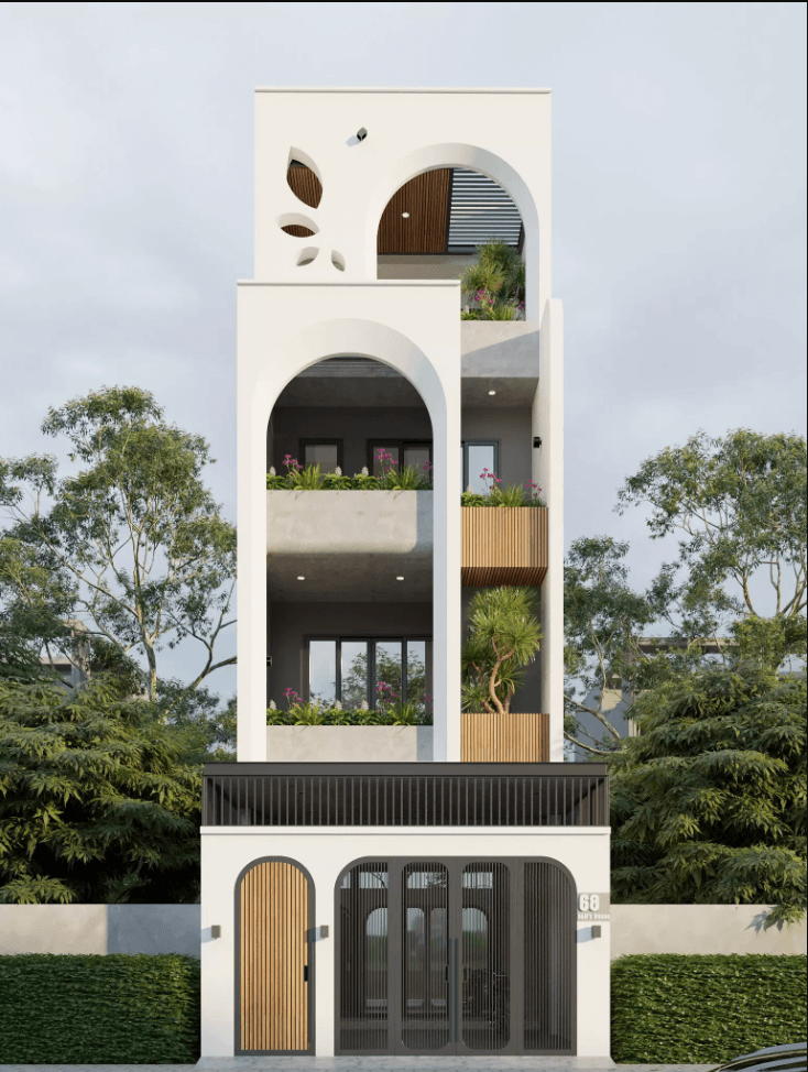 Nhà phố hiện đại, thiết kế ba tầng với mái vòm trắng và cây xanh trang trí ban công.