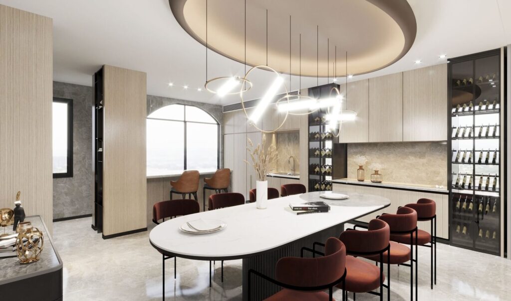 Nhà bếp hiện đại với bàn ăn dài, ghế đỏ, và kệ rượu sang trọng. Ánh sáng tạo không gian ấm cúng.