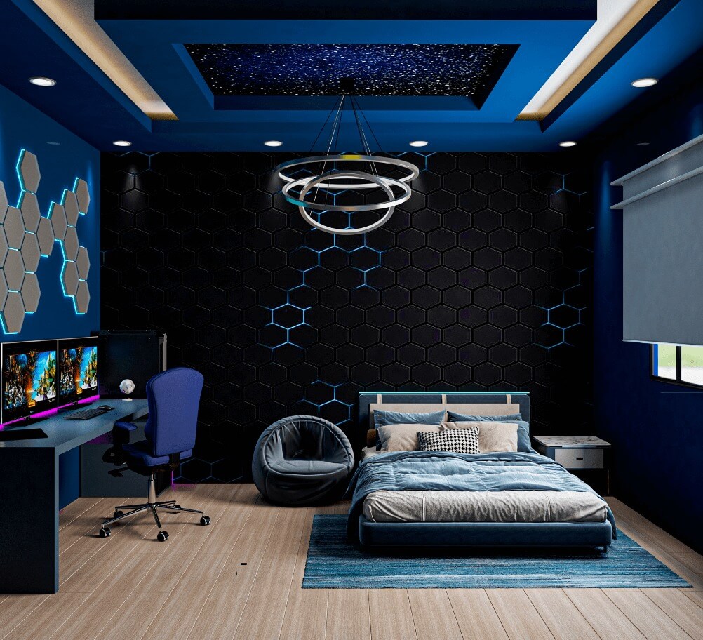 Phòng ngủ hiện đại với giường xanh, bàn làm việc vi tính và trần nhà độc đáo, đèn trần hình học.