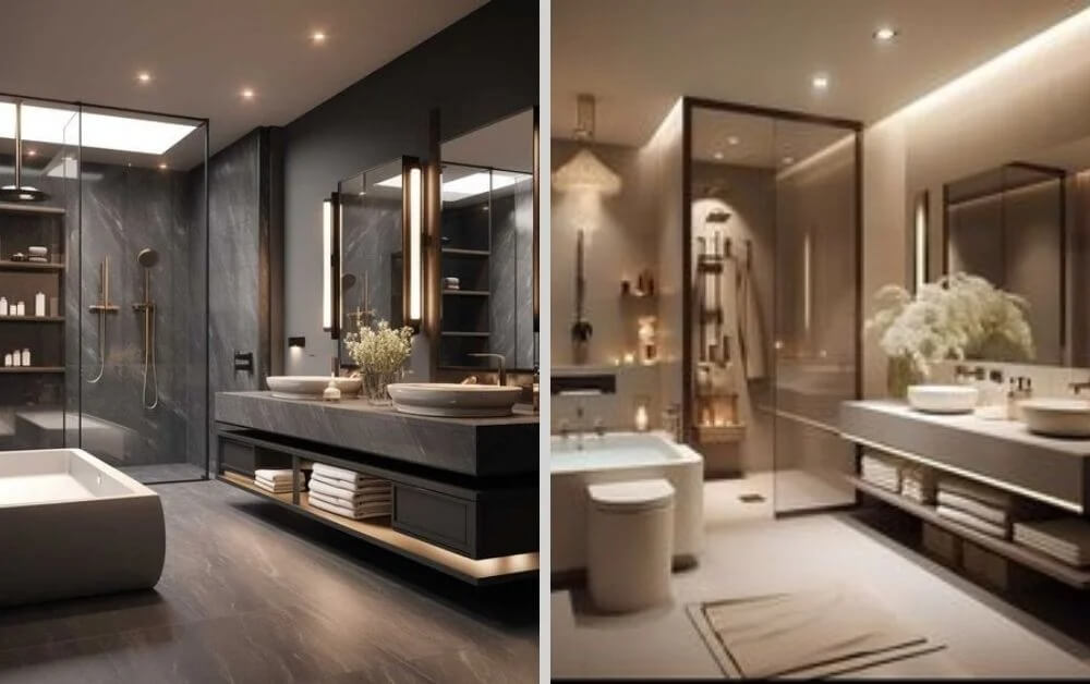 Phòng tắm hiện đại với thiết kế sang trọng, bồn tắm độc lập, ánh sáng dịu và nội thất tối giản.