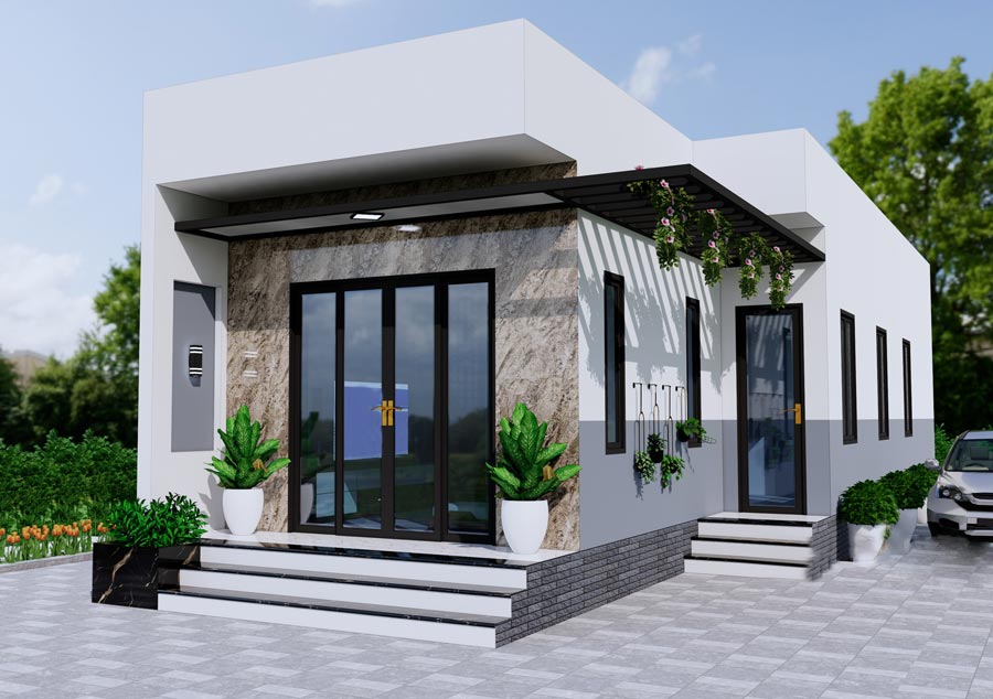 Ngôi nhà hiện đại một tầng, mặt tiền ốp đá, cửa kính lớn, cây xanh trang trí, xe hơi đỗ bên phải.