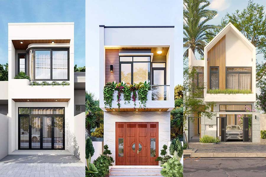 Ba mẫu thiết kế nhà phố hiện đại, mặt tiền rộng với cửa kính và cây xanh trang trí.