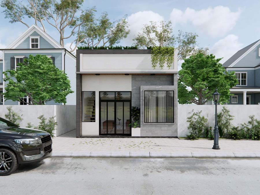 Ngôi nhà một tầng hiện đại với cửa kính lớn và cây xanh trước mặt nằm trên con đường yên tĩnh.