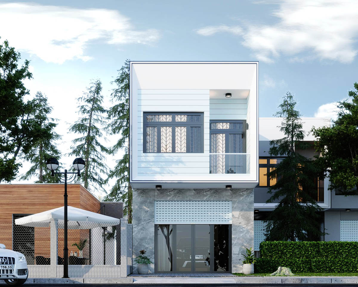 Ngôi nhà hai tầng hiện đại với mặt tiền kính, bên ngoài có cây xanh và xe hơi, bầu trời trong xanh.