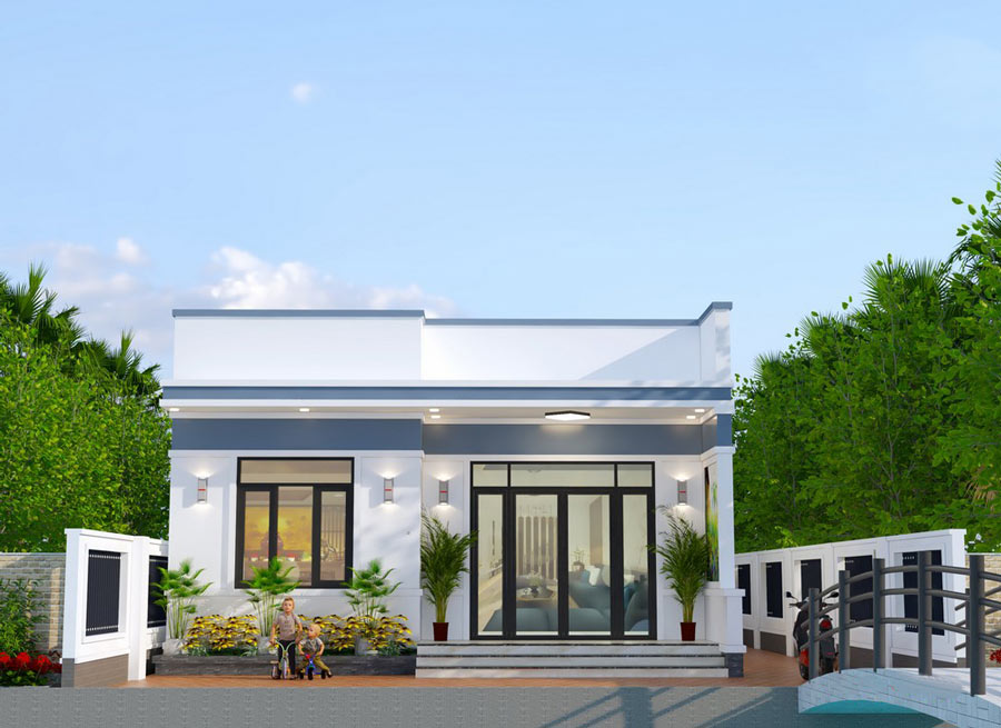 Nhà cấp 4 hiện đại: mặt tiền với cửa kính lớn, bao quanh là cây xanh và cây cầu nhỏ phía trước.