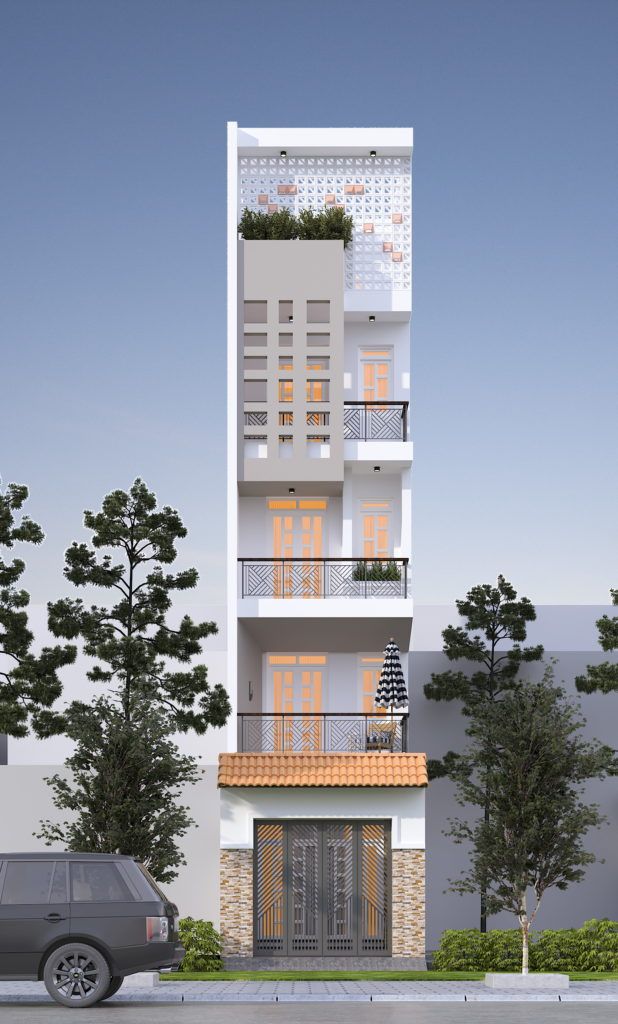 Nhà phố hiện đại 4 tầng với hàng hiên rộng và cây xanh trước cửa, điểm nhấn kiến trúc độc đáo.