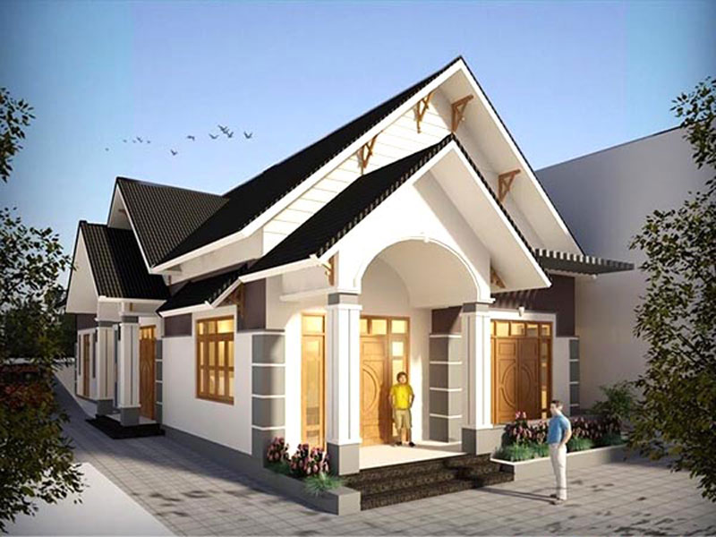 Nhà cấp 4 mái thái hiện đại với cửa gỗ và mái ngói đen, không gian ngoại thất thoáng đẹp.