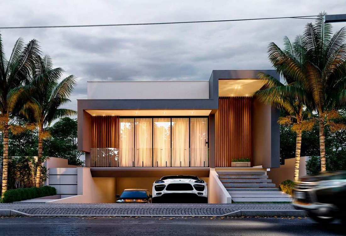 Ngôi nhà hiện đại hai tầng với gara, xe hơi ở sân trước, cây cọ bao quanh, trời âm u.