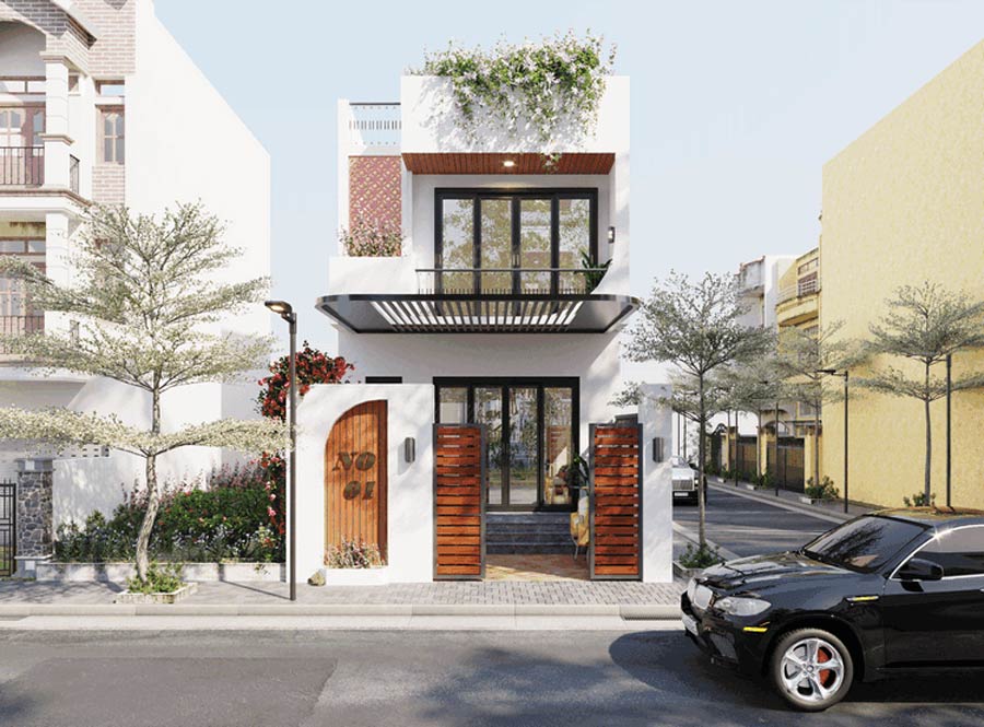 Nhà phố với thiết kế hiện đại, cửa sổ lớn và ban công. Cây xanh hai bên, xe ô tô đỗ ngay cửa.