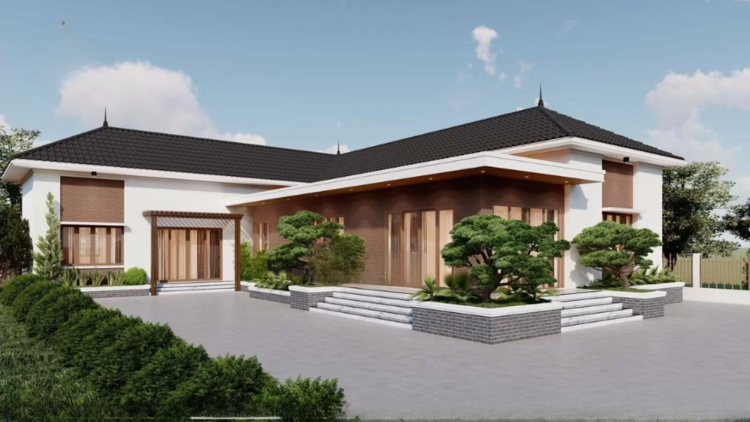 Nhà một tầng hiện đại với mái ngói đen, cây xanh và sân rộng rãi, kiến trúc tuyệt đẹp dưới bầu trời trong xanh.