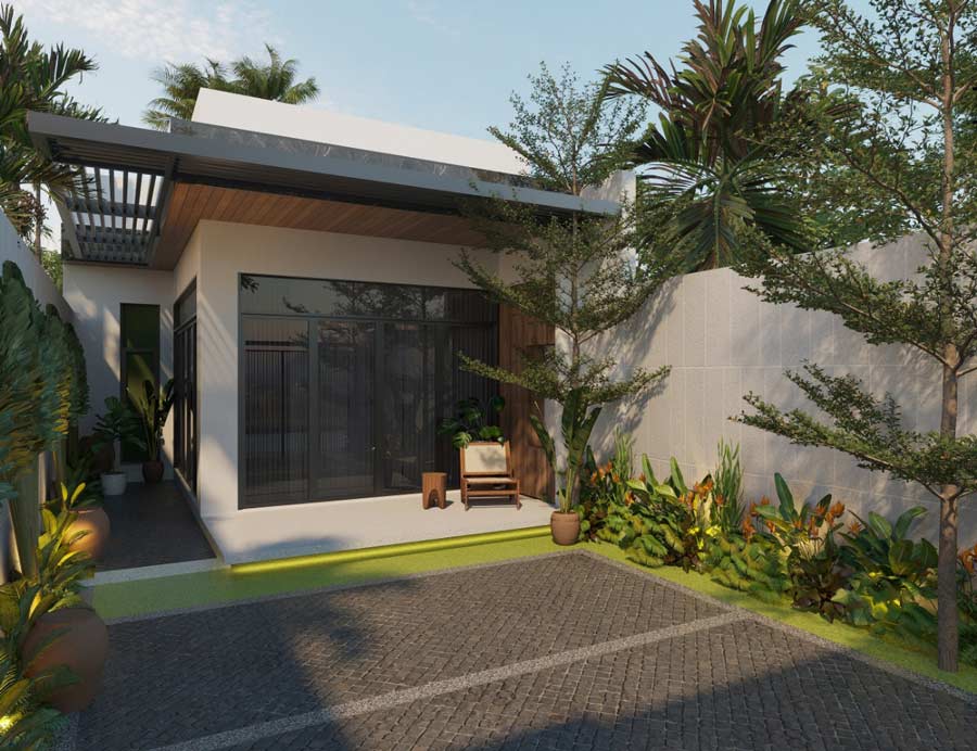 10-7-1 Nhà vườn phong cách hiện đại có mái hiên rộng, cây xanh bao quanh và sân vườn thoáng đãng.