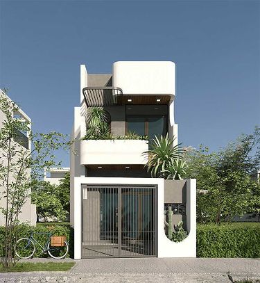 Nhà phố hiện đại với ban công cây xanh, mặt tiền thoáng, phong cách tối giản.