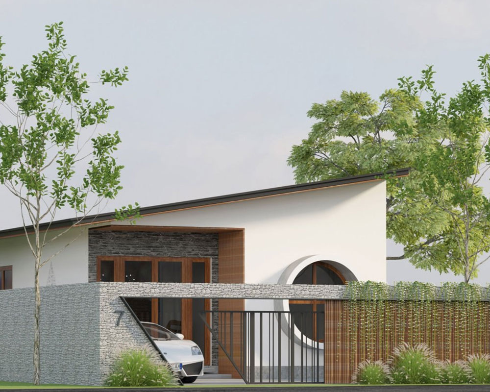 Căn nhà hiện đại với mái dốc, có cây xanh xung quanh và xe ô tô đỗ trước cổng.