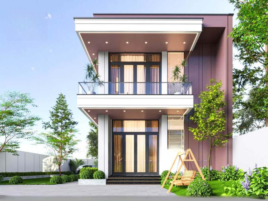 Ngôi nhà hai tầng hiện đại với cửa kính lớn và khu vườn xanh mát, ghế xích đu gỗ ngoài trời.