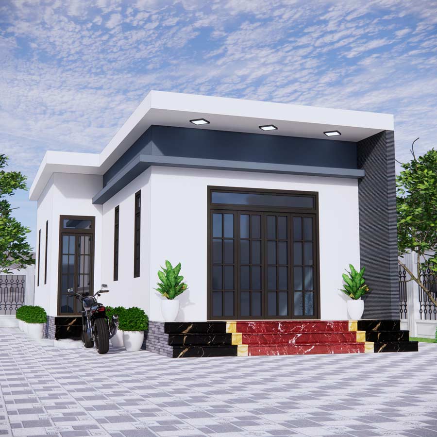 11-9-1 Nhà cấp 4 hiện đại màu trắng, sân lát gạch và các cây xanh trang trí. Trời xanh, mây trắng bồng bềnh.