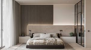 Phòng ngủ hiện đại với giường lớn, tường gỗ và cửa kính, tạo không gian thoáng đãng và sang trọng.