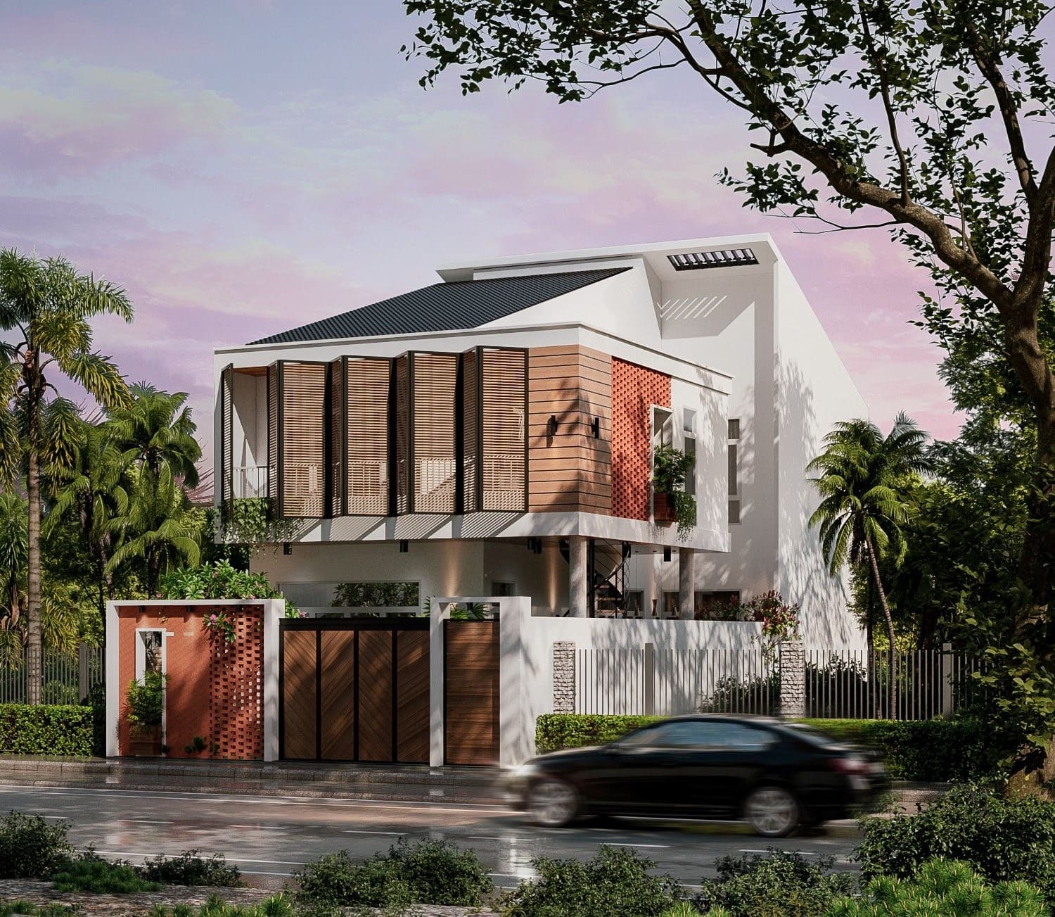 Ngôi nhà hai tầng phong cách hiện đại với khu vườn xanh tươi, ô tô chạy ngang, bầu trời hoàng hôn tuyệt đẹp.